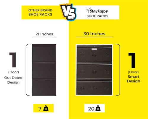 Image of StayHappy Wide Wall-Mounted and Freestanding Metal Shoe Rack Cabinet | Key Lock | Compact Design | Thick Metal Layer for Durability | Powder-Coated Steel | Crafted in Bharat. (White, 3 Door)
