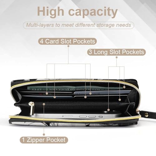 Black Gray Butterflies Wallets for Women Long Wristlet Leather Wallets with Zipper Holder Large Capacity Coin Pocket4