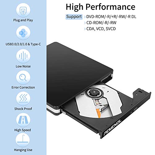 External DVD Drive, USB 3.0 Portable CD/DVD +/-RW Drive Burner CD ROM Re-Writer Optical Drive Reader Type-C Port Compatible with Laptop Desktop PC Windows Linux OS Apple Mac Black