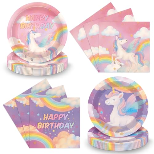 48PCS Unicorn Birthday Party Supplies for Girls Pastel Rainbow Tableware