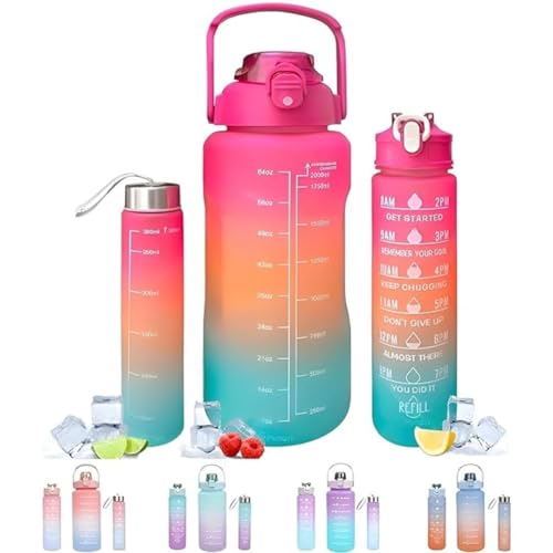 Image of RAYMYLO Silicone Motivational Water Bottle Set Of 3 Pcs Time Marker With Straw, Unbreakable Leakproof BPA Free Non-Toxic Sipper Bottle For Office, Sports, Gym, School (2000ML, 900ML, 300ML)