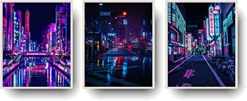 uruzuo Set of 3 Japanese Poster Tokyo Streets in The Night Sky Cool Cyberpunk Decor Japan Neon Canvas Wall Art Posters for Room Aesthetic Birthday Christmas Gifts 12x16 inch Unframed, White