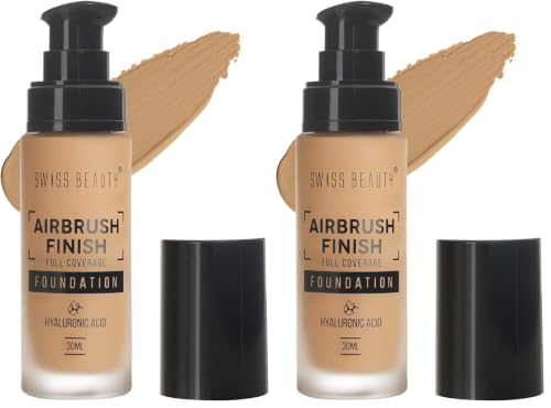 Image of Swiss Beauty Airbrush Finish Full Coverage Foundation | Full Coverage Up To 8 Hours | Waterproof & Lightweight | Natural Matte Finish | Long-Lasting Wear | Enriched with Hyaluronic Acid | For All Skin Types | Dermatologically Tested | Shade- 04 Golden Beige, 30ml