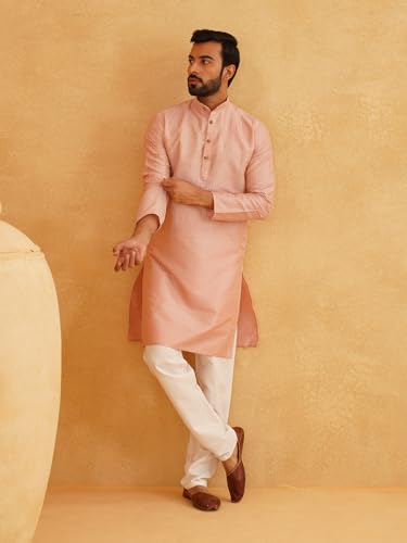 Sojanya (Since 1958 Men'S Silk Blend Striped Pink Kurta & Off-White Churidar Pyjama Set2