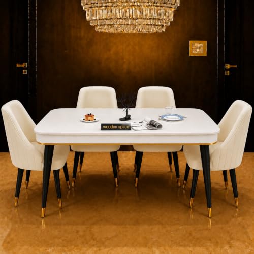 Image of WOODEN SPACE Majestic 4 Seater Wooden Dining Table Set | Urban Marble Top Dining Table with Chairs for Dining Room & Kitchen (Beige Infinity Backline)