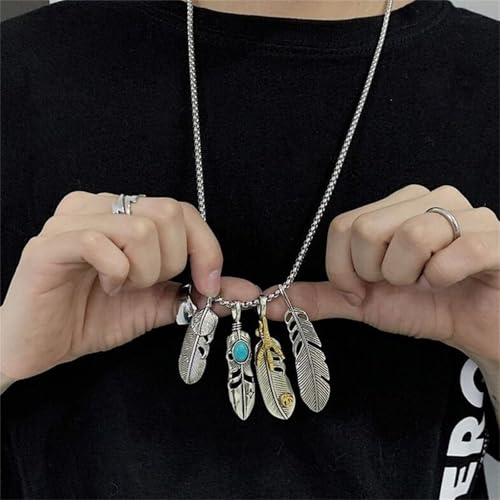 Dreuyet Stainless Steel Feather Necklace for Men Women Bohemian Inlay Turquoise Feather Angel Necklace 4 Combinable Feathers Charm Pendant2