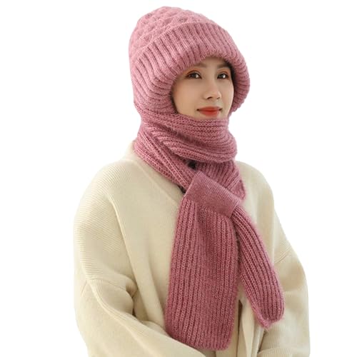 Conjunto de gorro para mujer con orejas integradas sólidas, sombrero a prueba de viento, bufanda, bufanda con capucha, bufanda 2 en 1, gorro de punto para hombre y bufanda, Rosa., talla única