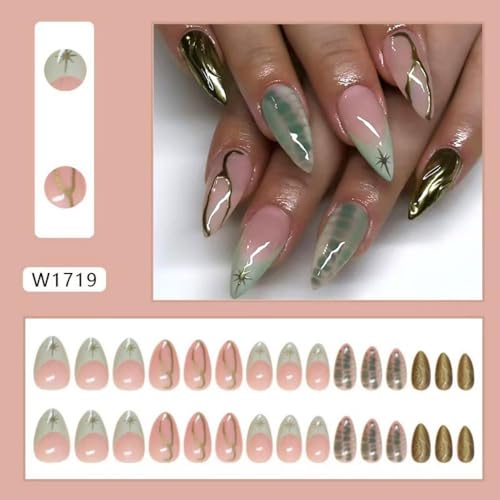 Image of Green French Tip Press on Nails Short Almond Fake Nails Gold Line False Nail with Design Star Glue on Nails Glossy Artificial Acrylic Nail Full Cover Nude Stick on Nail for Women Manicure 30Pcs