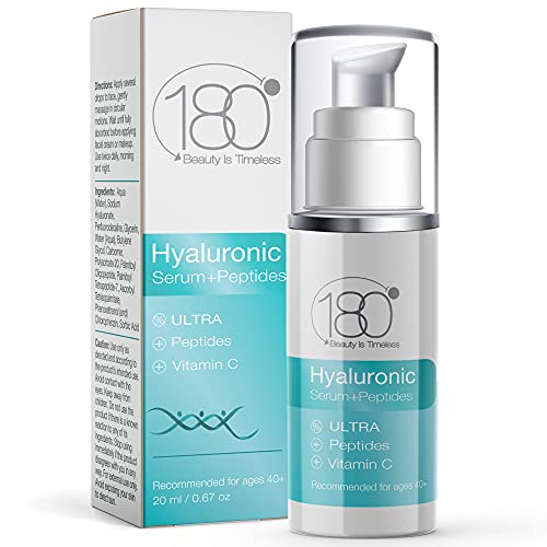 Hyaluronic Acid Anti Aging Serum w. Peptide Booster + Vitamin C - Ultra Strength for Ages 50+ - Restore and Prevent Wrinkles & Fine Lines - Intensive Face Neck & Eye Serum - 180 Cosmetics