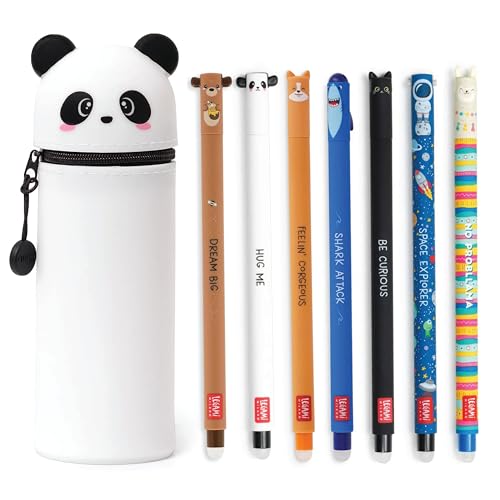Legami Bundle - Estuche Legami 2 en 1 y un juego de 7 bolígrafos de gel borrables Legami, negro panda, negro gatito, azul tiburón, azul llama, negro Astro, negro corgi, oso de peluche rojo (Panda)