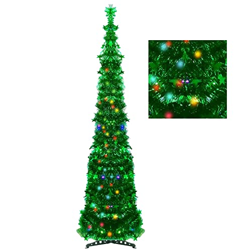 Artificial Christmas Tree with 100 Color Lights, 5 Ft Pop Up Collapsible Tinsel Christmas Tree,Christmas Decorations for Home Fireplace Party Indoor Outdoor (Green)