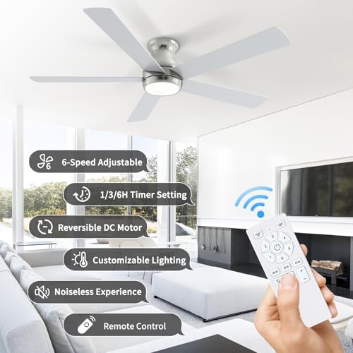POCHFAN 60 Inch Brushed Nickel Ceiling Fans with Lights and Remote, LED Low Profile Flush Mount Ceiling Fan for Bedroom, Living Room, Quiet DC Motor, Dimmable 6 Speeds by POCHFAN - Used condition - Image 3