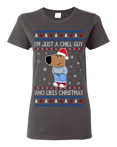 I'm Just a Chill Guy Who Likes Christmas, Viral Dog My New Character Meme Coin CHILLGUY Funny Internet Memes Ugly Christmas Sweater Womens Graphic T-Shirt, Charcoal, Small