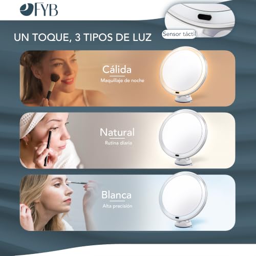 Miniatura 6 de Feel Your Bath Espejo Con Aumento X30 Ø20 Cm, Redondo, Luz Led 3 Colores, Recargable Usb, Rotación 360 , Ventosa Para Pared O Sobremesa, Iluminación Ajustable Y Alta Precisión Para Maquillaje