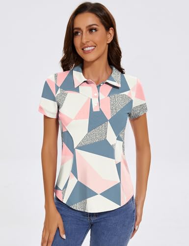 IECCP Poloshirts für Damen Kurzarm Polohemd Schnelltrocknend Golf Tennis Shirts Leicht Atmungsaktiv Tops Workout Sommershirts 2026 mit 3-Knopfleiste(Rosa Druck,XXL)