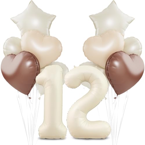 Beige Luftballon 12.Geburtstag Cremeweiß 12. Geburtstag Ballon Deko XXL 40 Zoll luftballon 12.Beige Aprikose Braun Herz Stern Folienballonsfür 12 Jahre Geburtstagsdeko Jubiläum Party Dekoration