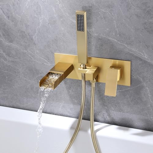 BiaoTeng 滝 埋め込み 浴槽 蛇口 シャワー 壁 2機能 シングルハンドル 温水 冷水 真鍮 バスタブ 蛇口 シャワー ブラシ付き金