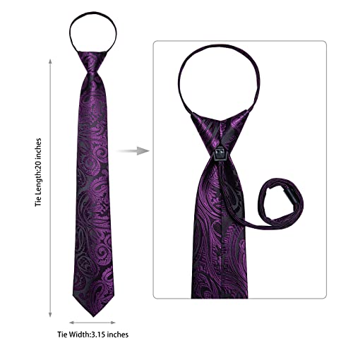 Image of DiBanGu Silk Zipper Ties for Men,Paisley Solid Plaid Pre-tied Tie and Pocket Square Cufflinks Set Formal Adjustable Necktie