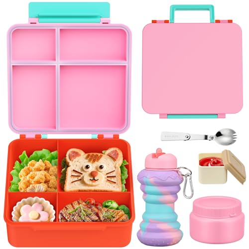 Image of Bento Lunch Box for Kids with 9oz Soup Thermo, Leakproof Lunch Food Containers with 4 Compartment, Kids Thermo Hot Food Jar for School Travel