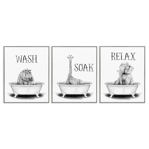Image of Jungle Animals Bathroom Signage, 16 x 20 Inch Framed Giclee Print Set | Stupell Industries . By Rachel Nieman . Ready to hang . Great for bath and laundry . Made in USA