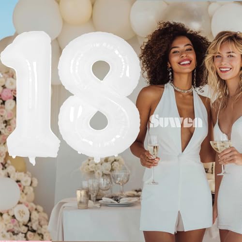 Image of SUWEN 40 Inch White Large 18 Balloon Number Big Foil Helium Numbers 0-9 | Giant Jumbo Happy 18th Birthday Party Decorations for Men or Women Huge Mylar 81 Anniversary Party Supplies