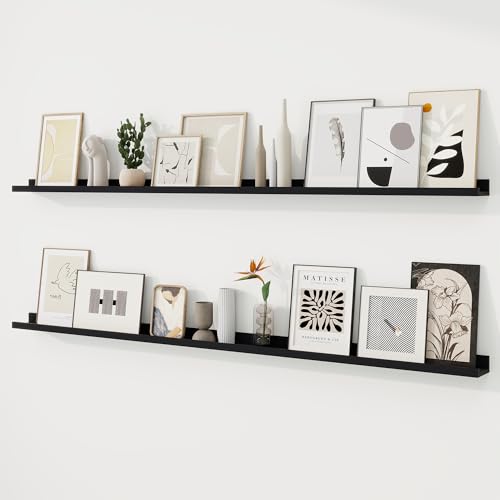 RICHFOCUS Picture Ledge Shelf, 72 inch Floating Shelves Set of 2, Wood Wall Shelves with Lip, Wall Decor Storage for Bedroom Living Room Bathroom Kitchen Nursery Photo Picture, Black