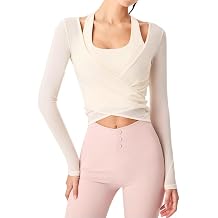 Harssidanzar Yoga Two-Piece Set Long Sleeve for Women Mesh Gym Athletic Tops Workout Shirts with Sports Bra CL306US