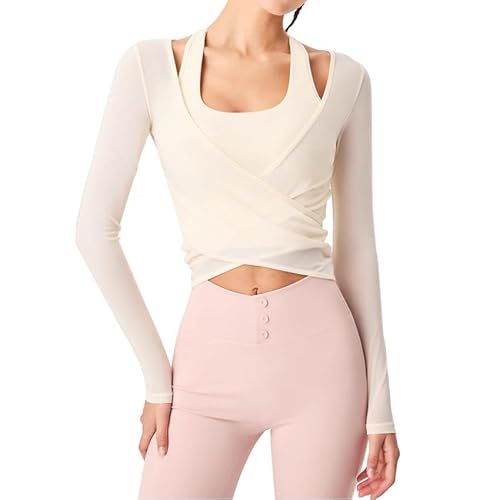 Harssidanzar Yoga Two-Piece Set Long Sleeve for Women Mesh Gym