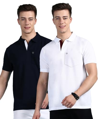 Image of Lux Cozi Men Cotton Regular Fit Polo Neck Half Sleeve Solid Casual T-Shirt with Chest Pocket | Pack of 2 |
