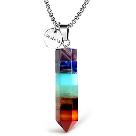 JADENOVA 7 Chakra Necklace Pendant Hexgonal Energy Healing Gemstone Crystal Dowsing Divination Pendulum 18 Inches Stainless Steel Chain Cover