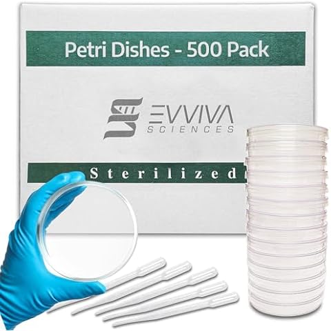 Evviva Sciences Petri Dish 500 Pack – 500 Petri Dishes – 100 X 15mm – Premium Performance – 3 Vents to Reduce Condensation – for Lab Research, Education, & More - W/5 Evviva Transfer Pipettes Cover