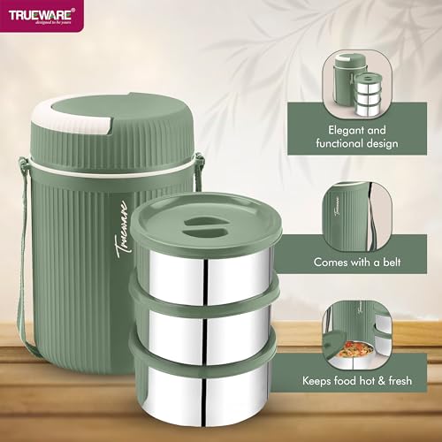 Image of Trueware Plastic Grub 3 Double Wall Insulated Hot Lunch Box with 3 Ss Container 300 Ml Each | Bpa Free | Food Grade | Hot and Fresh Many Hours, Green (LBI-GRB-003-Green BAZ)