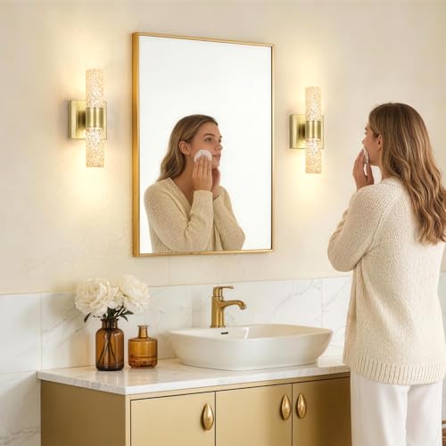 Image of 2 Pack Gold LED Wall Sconces, 10W 3000K Warm White Hardwired Wall Mounted Light Fixtures with Amber Crystal Glass, Modern Bathroom Vanity Lights for Mirror Living Room Bedroom Hallway