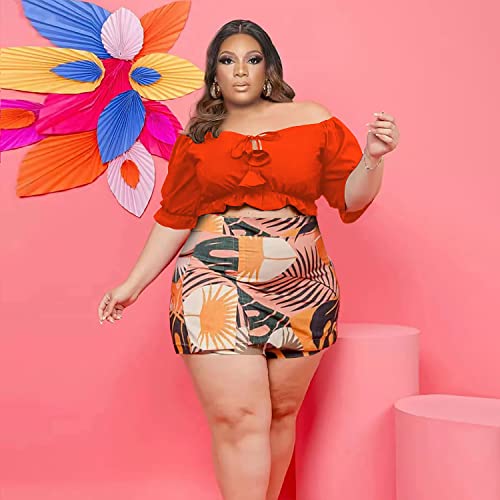 Image of Women Plus Size Skirt Two Piece Outfit Short Sleeve Off The Shoulder Crop Top shorts Dress Suit Set