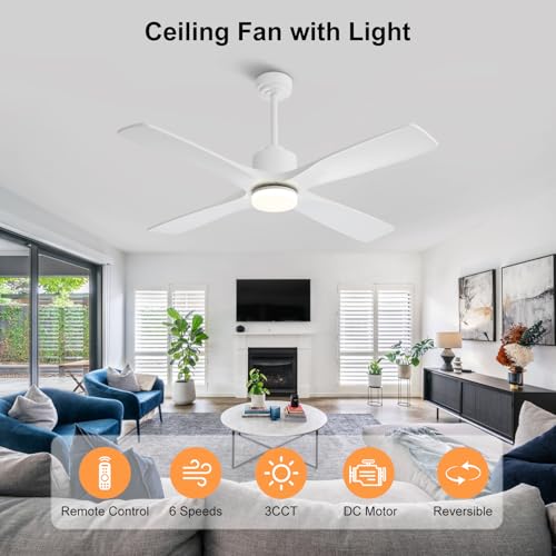 Image of LEDLUX 48 inch Ceiling Fans with Lights -Modern Ceiling Fan with Light, 6-Speed Remote, 4 Solid Wood Blades, Quiet DC Motor, for Bedroom, Living Room, Outdoor, White