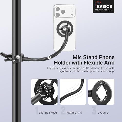 Image of NEEWER BASICS Magnetic Phone Holder for Mic Stand with Flexible Tube, Magnet Adjustable Boom Pole Arm Mount Compatible with iPhone Android Samsung for Microphone Music Guitar Audio Recording, MS040