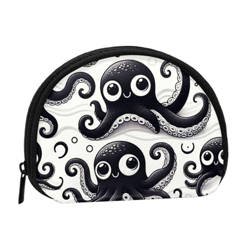 Portable Coin Purse Cute-Black-Cartoon-Inkfish Mini Zippered Money Pouch Card Holder