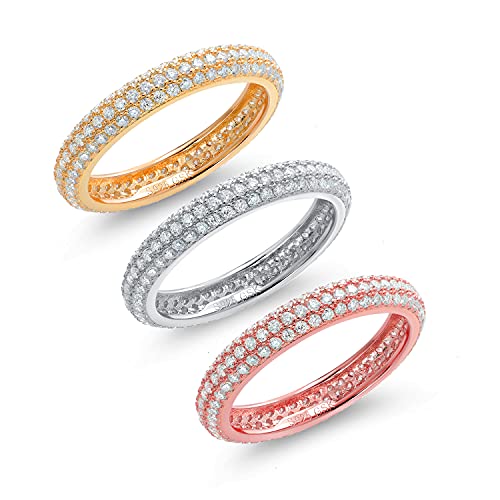 Gem Stone King 925 Sterling Silver Round White Moissanite 3 Rows Micro Pave Setting Eternity Wedding Band Set of 3 Ring For Women (1.08 Cttw Each, Available In Size 5, 6, 7, 8, 9)
