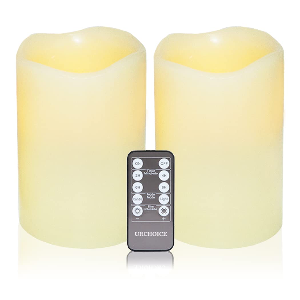 Urchoice Ivory Flameless Candles Battery Operated Candle, Set of 2 (D 4" x H 6"), Real Wax Pillar LED Candles, with 10-Key Remote and Cycling 24 Hours Timer, Halloween Christmas Indoor Outdoor Decor