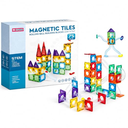 Image of Storio 3D Magnetic Tiles Building Blocks with Ball Runner Tunnels - 75 Pcs | Magnetic Construction Set for Kids 3-8 Years | STEM Educational Toy | Creative Brain Development Gift for Boys & Girls