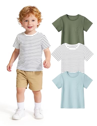 ZUEMET 3 Pack Toddler Boys Short Sleeve T-Shirts Basic Cotton Tee Tops Toddler Boy Clothes Size 3T Army Green+White Striped+Green