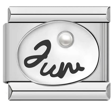 Image of Mon & Sons Jan-Dec Birthday Birth Stone Date Anniversary Month Charm Silver 9mm Italian Link Compatible With Modular 9mm Bracelet (June Jun)