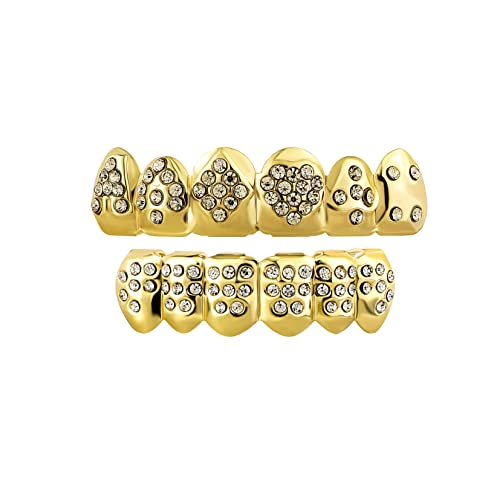 TOPGRILLZ 18K Plated Gold Grills Teeth Grillz for Men Women Iced Out Hip Hop Poker Diamond Top & Bottom Face Grills for Teeth Rapper Costume Cosplay (Poker)