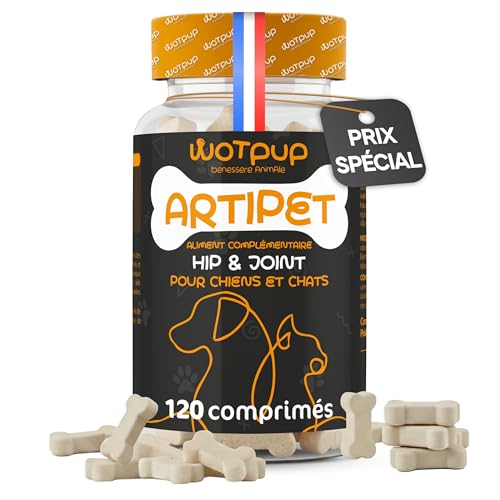 WOTPUP© Soutien Articulaire Chiens & Chats - Formulé par des Vétérinaires - 120 Comprimés en Forme d’Os - Anti-arthrose, Souplesse & Confort du...