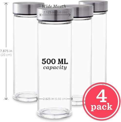 Image of EVATTA Glass Water Bottle Juice Bottles - Wide Mouth With Stainless Steel Lid - for Juicing, Smoothies, Beverage Storage - 500 ML, Leakproof, Borosilicate (PACK OF - 4)