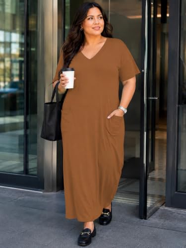 Image of PinkPatty Women's Plus Size Short Sleeve Maxi Dress Casual Loose V Neck Long Dress with Pockets