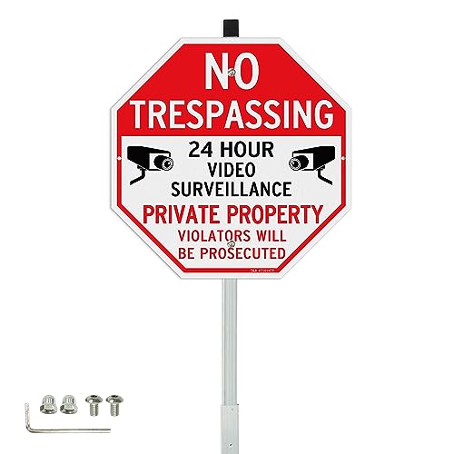 Image of T&R No Trespassing Private Property Sign Video Surveillance Sign with 36 inch Stake for Outside,12 inchx12 inch .040 Rust Free Heavy Aluminum, Reflective,Includes Matching Screws & Wrench, Easy to Mount