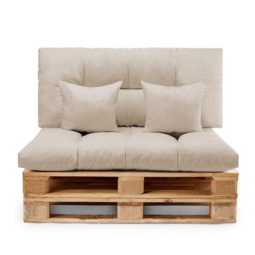 Diverpuff - Set Cojines para Palets con Asiento 120x80 + Respaldo 120x60 + Decorativos 35x35, Interior y Exterior (Beige, Set Completo)