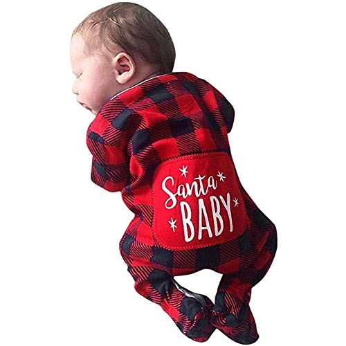 Newborn Baby Boys Girls Christmas Santa Xmas Plaid Letter Romper Jumpsuit Pajamas Bodysuit Infant Outfits (Red-Santa, 0-6M)
