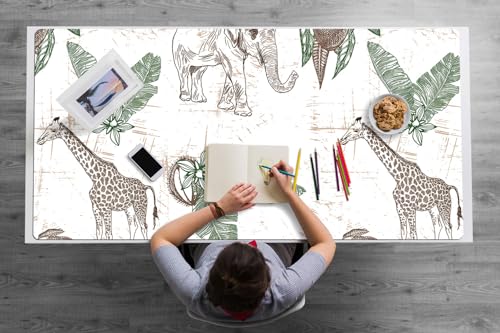 Tapis de souris 120x60 cm en vinyle PVC imperméable au design girafes et éléphants